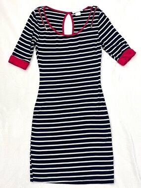 A’Gaci Women’s Striped Navy & White Bodycon Dress wRed Trim & Gold Zipper Detail